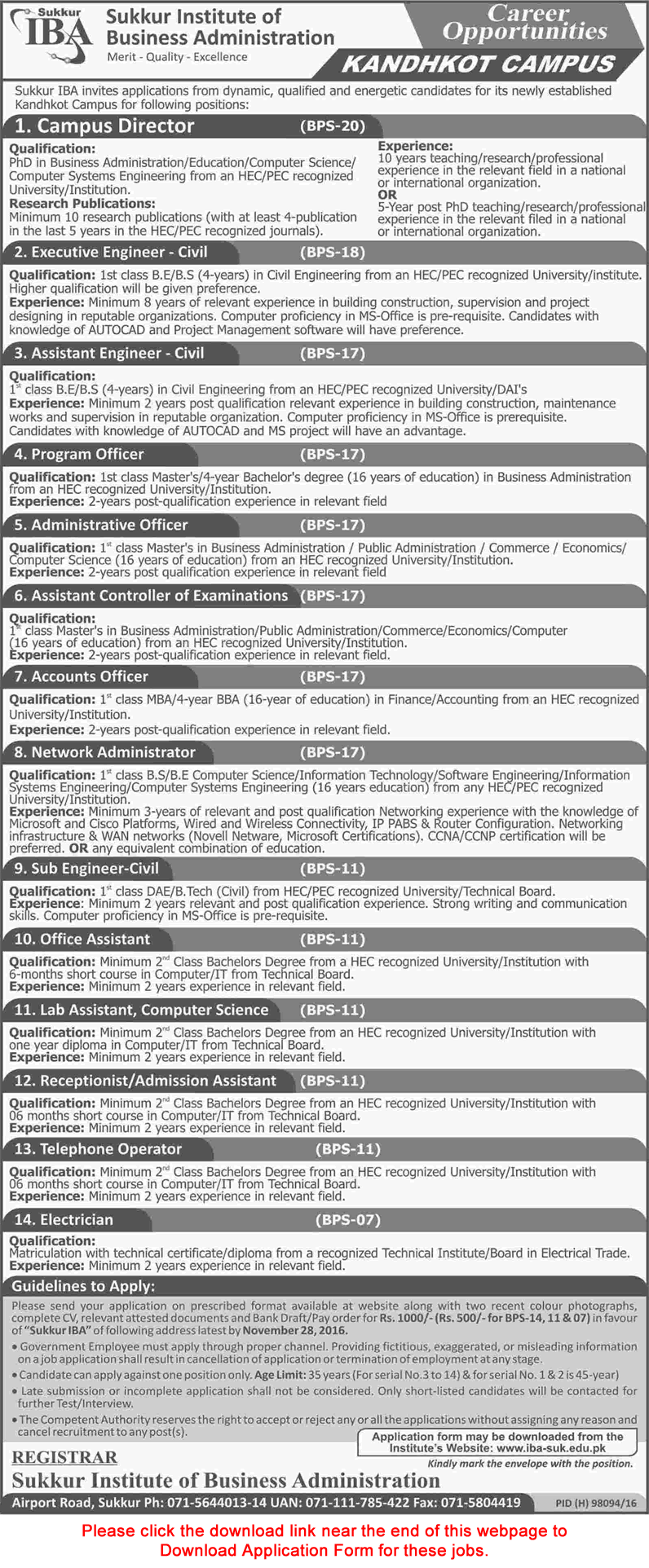 IBA Sukkur Jobs November 2016 Kandhkot Campus Application Form Download Latest