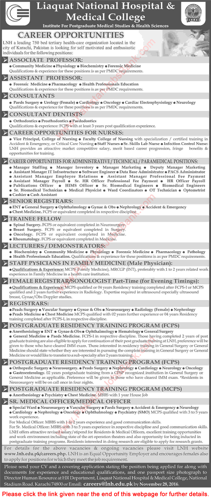 Liaquat National Hospital Karachi Jobs November 2016 Teaching Faculty, Medical Officers & Others Latest