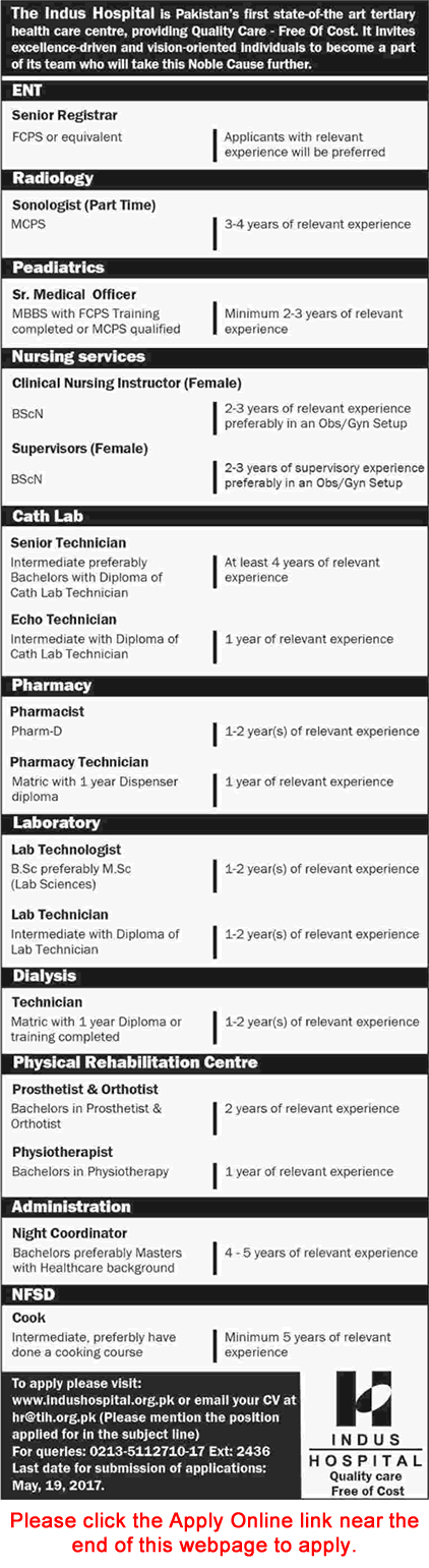 Indus Hospital Karachi Jobs May 2017 Apply Online Medical Technicians, Nursing Supervisors & Others Latest