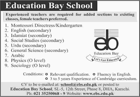 Teaching Jobs in Karachi May 2017 at Education Bay School Latest