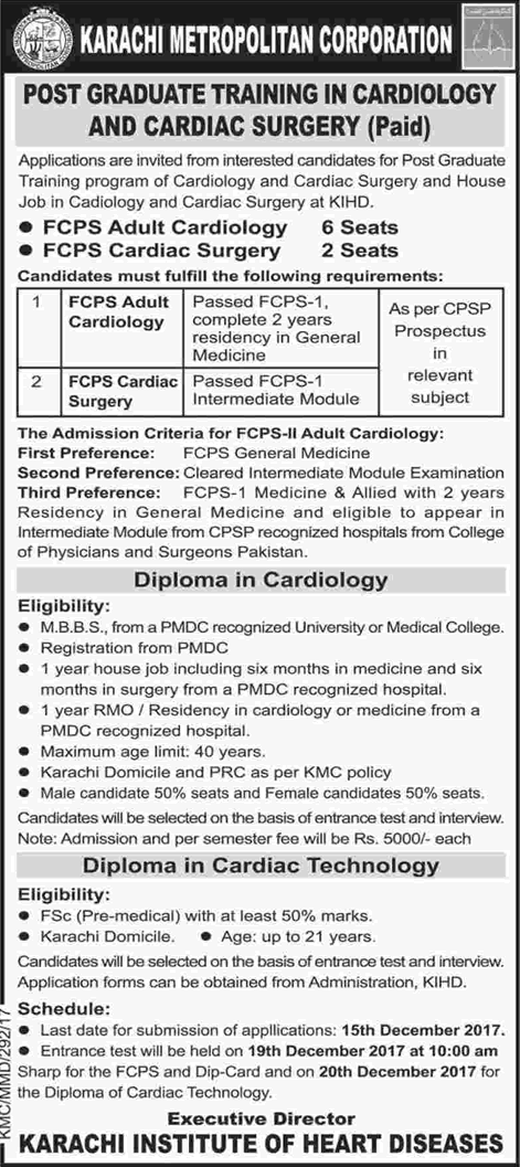 Karachi Metropolitan Corporation FCPS-II Postgraduate Training November 2017 KMC KIHD Latest