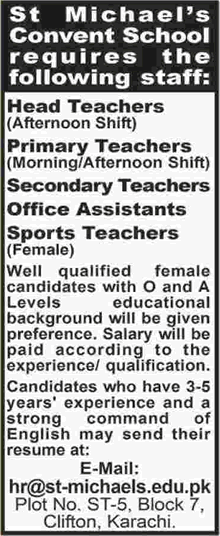 St Michael Convent School Karachi Jobs 2017 December 2018 Teachers & Office Assistants Latest