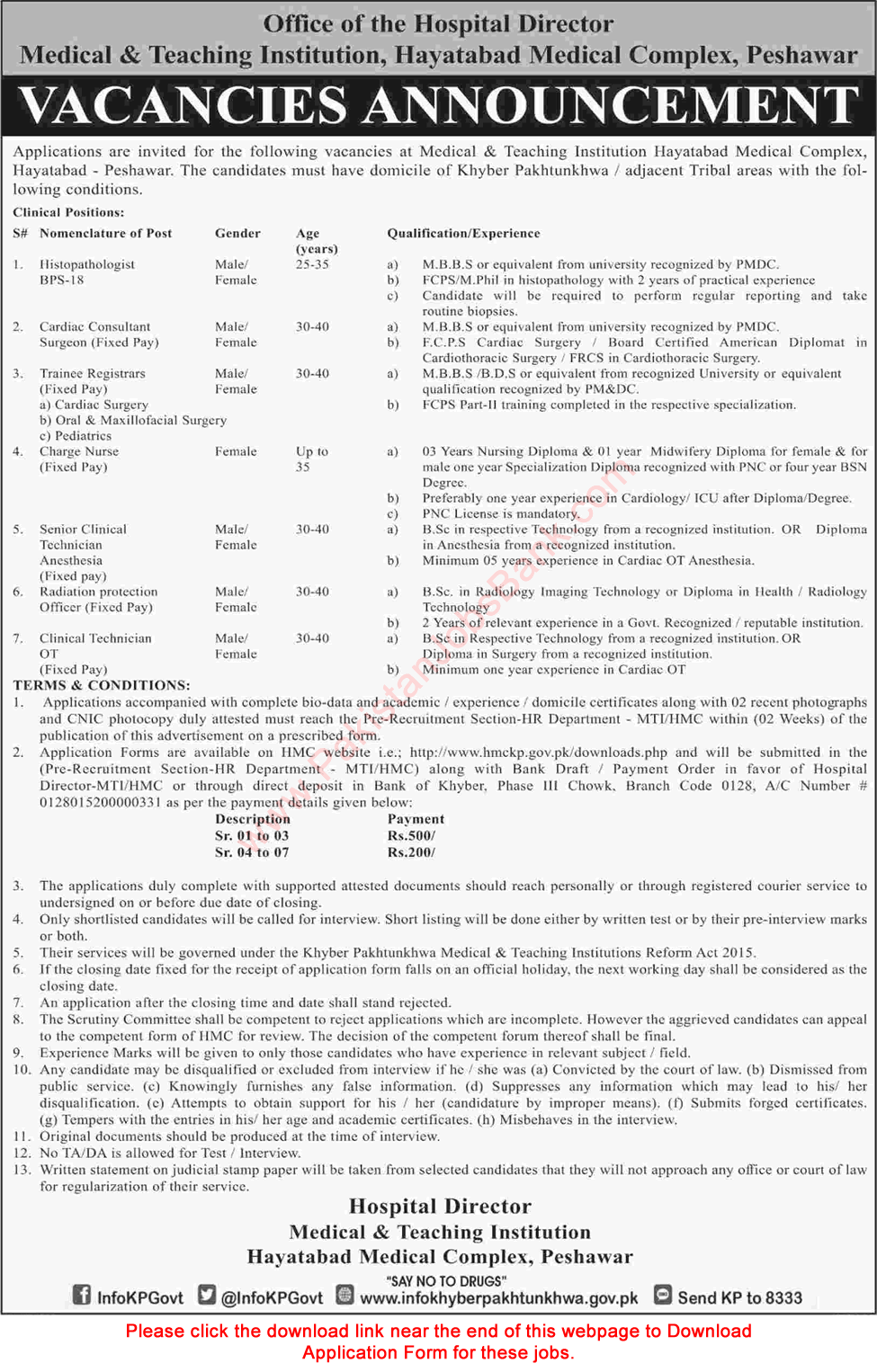 Hayatabad Medical Complex Peshawar 2018 Application Form Medical & Teaching Institution MTI Latest