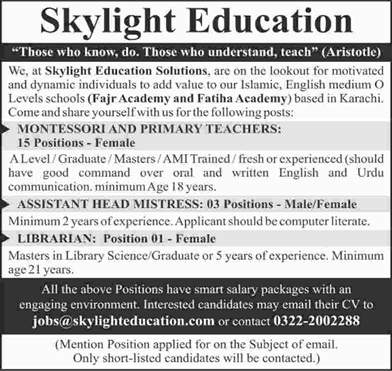 Skylight Education Solutions Karachi Jobs 2018 March Teachers, Head Mistress & Librarian Latest