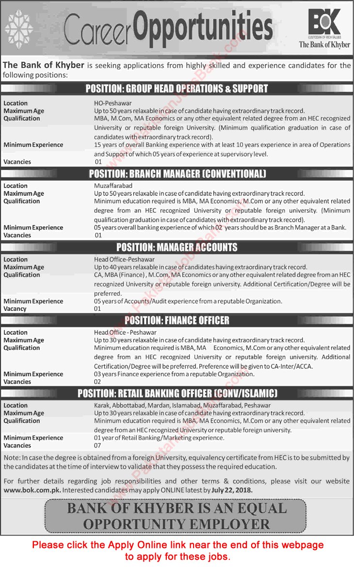 Bank of Khyber Jobs July 2018 Apply Online Retail Banking Officers & Others BOK Latest