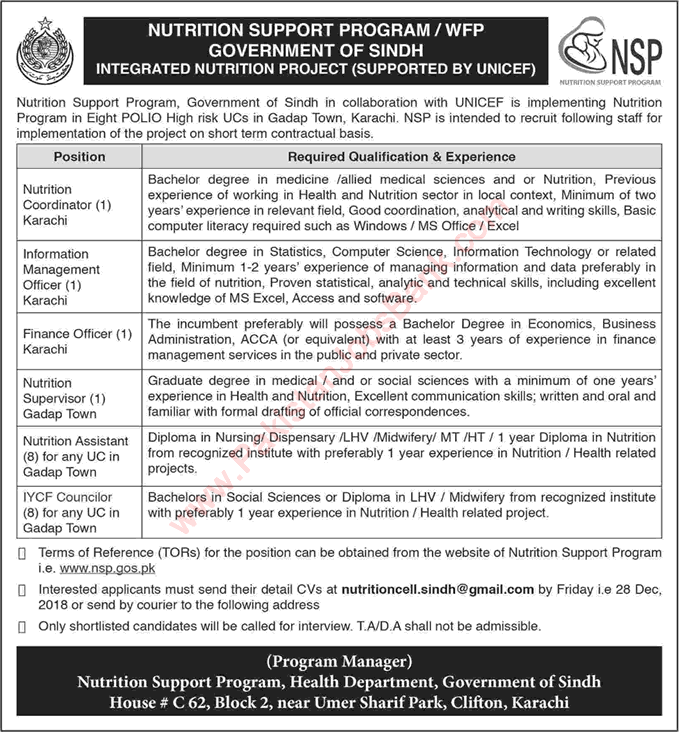 Nutrition Support Program Sindh Jobs December 2018 NSP Gadap Town & Karachi Latest