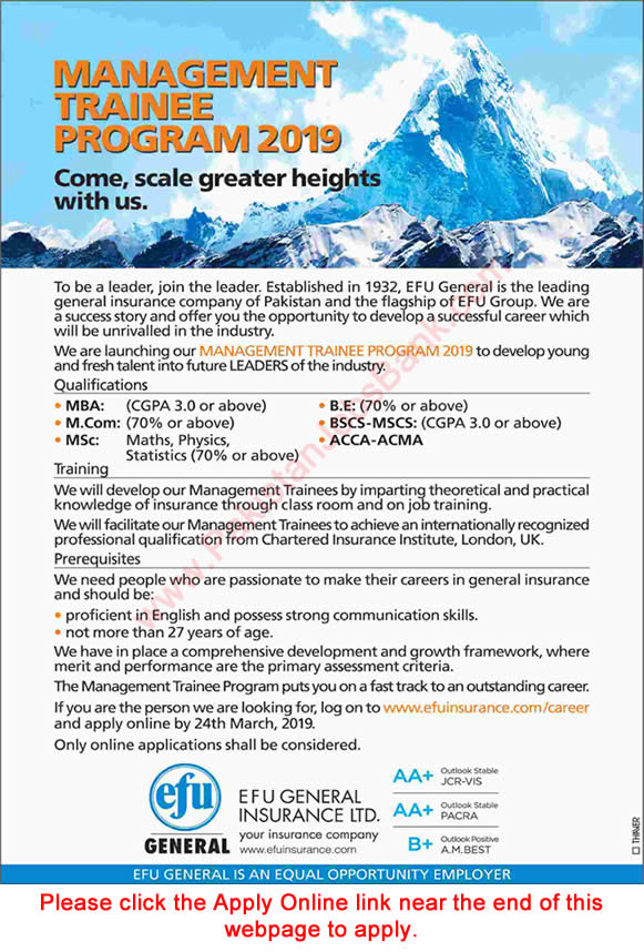 EFU Life Insurance Management Trainee Program 2019 March Apply Online MTO Latest