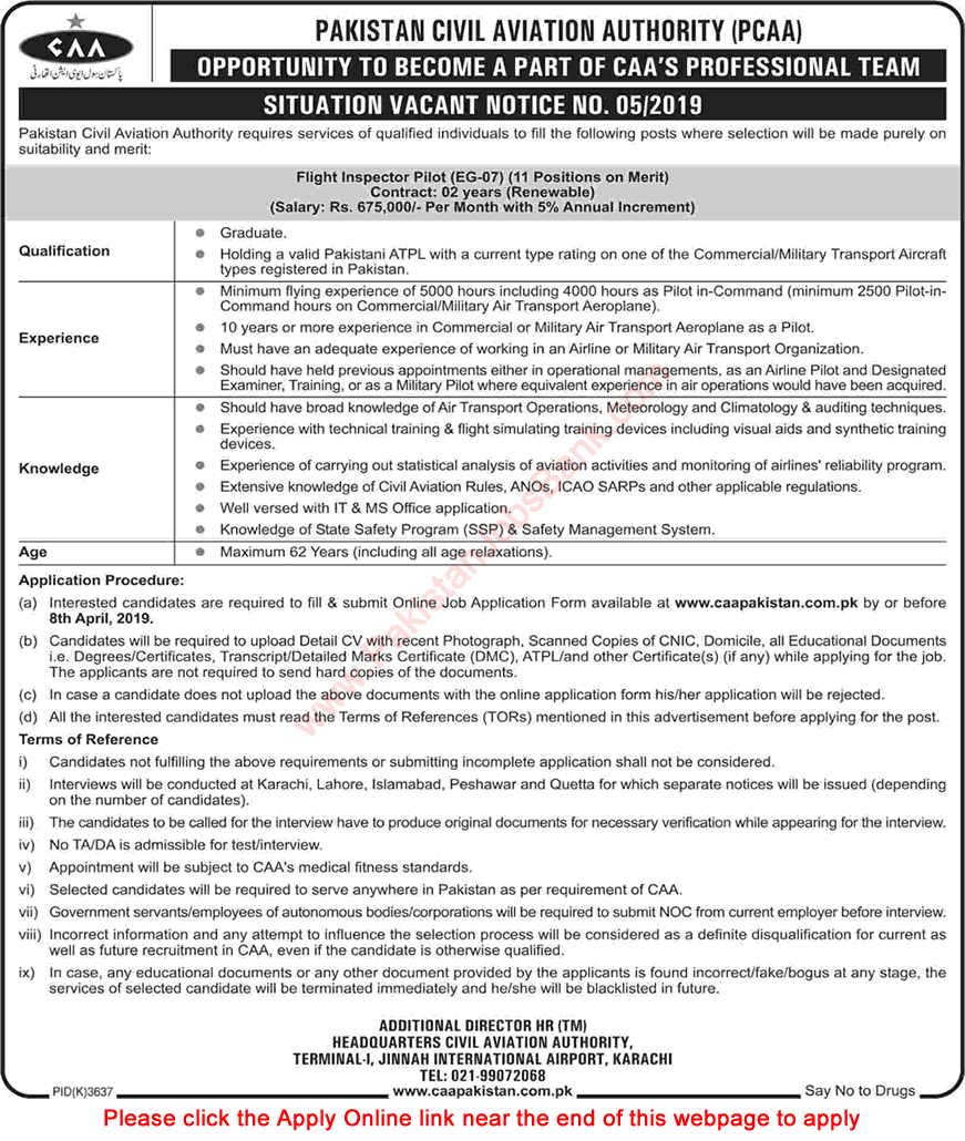Flight Inspector Pilot Jobs Civil Aviation Authority 2019 March Online Apply CAA Latest