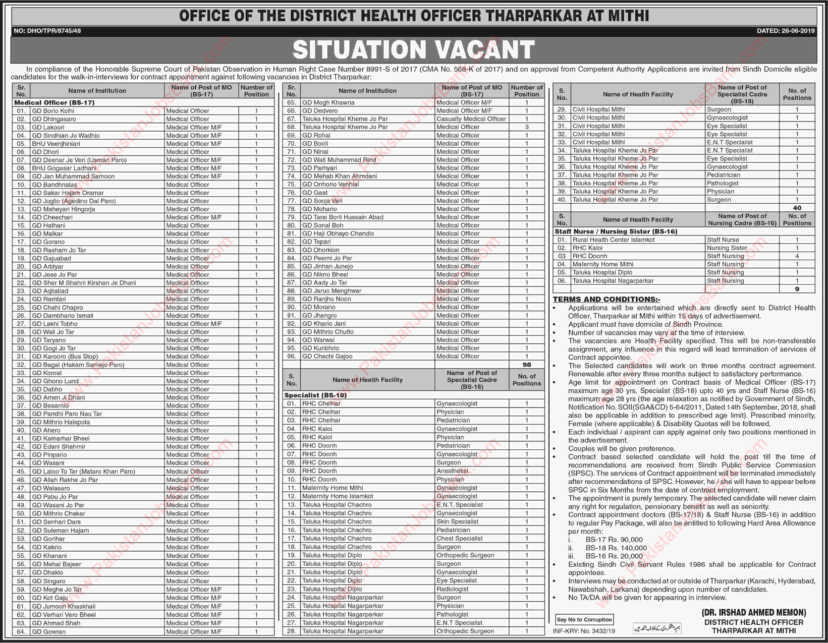 Health Department Sindh Jobs June 2019 Tharparkar Medical Officers / Specialists & Nurses Latest