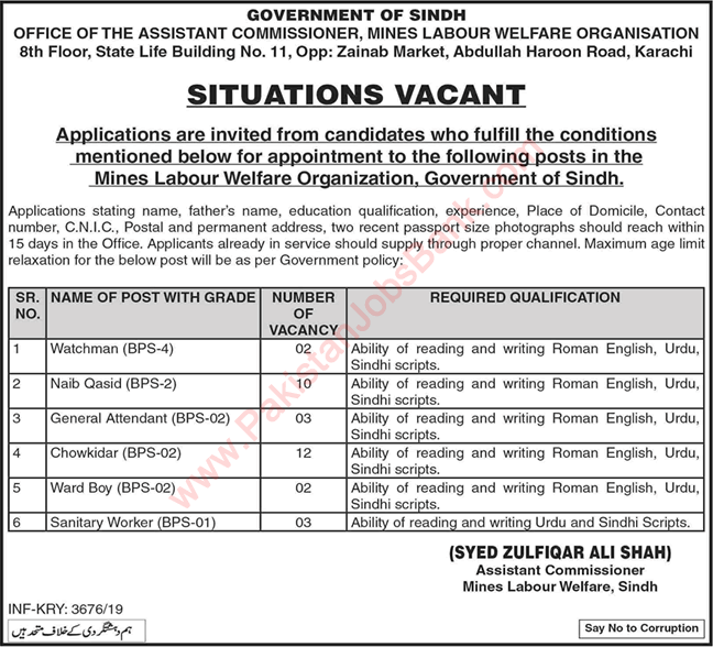 Mines Labour Welfare Organization Sindh Jobs 2019 July Chowkidar, Naib Qsdid & Others Latest
