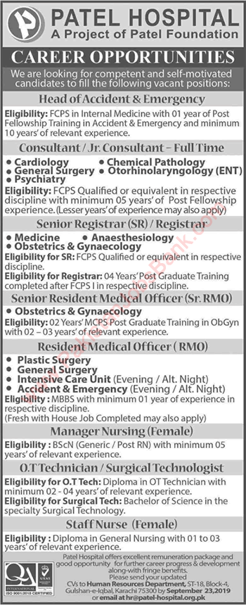 Patel Hospital Karachi Jobs September 2019 Medical Officers, Nurses & Others Latest