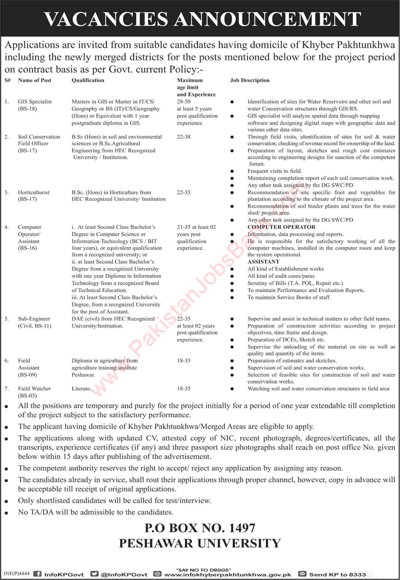PO Box 1497 Peshawar University Jobs 2019 October  / November Computer Operator / Assistant & Others Latest