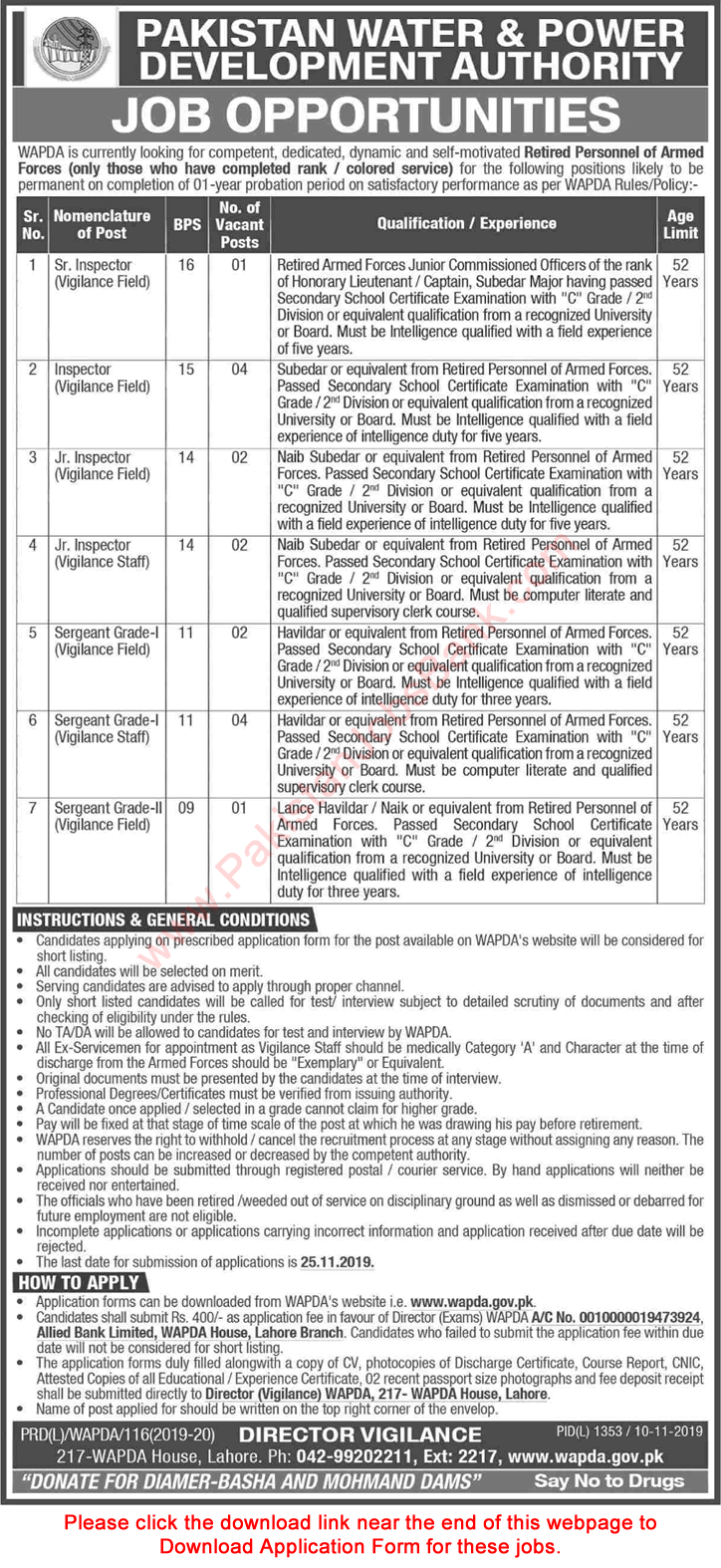 WAPDA Jobs November 2019 Application Form Vigilance Inspectors & Sergeants Latest