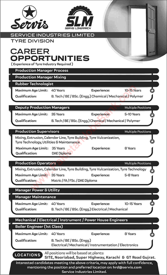Service Industries Limited Jobs 2020 February Engineers, Supervisors & Others Latest