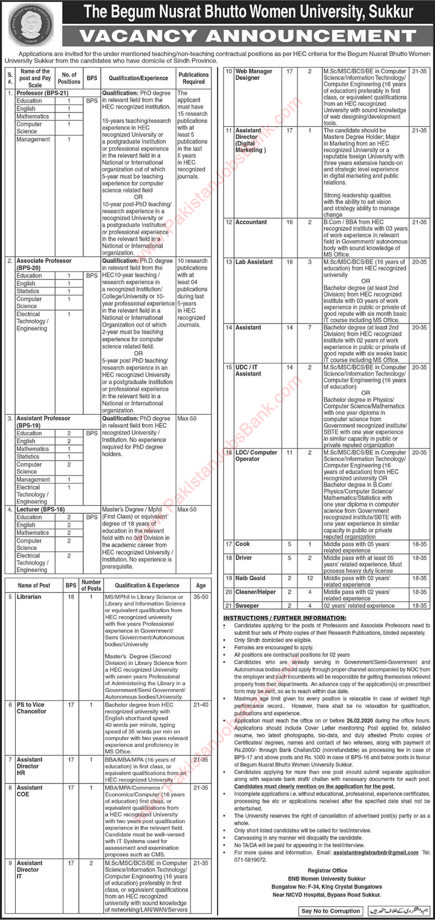 Begum Nusrat Bhutto Women University Sukkur Jobs 2020 February Teaching Faculty & Others Latest