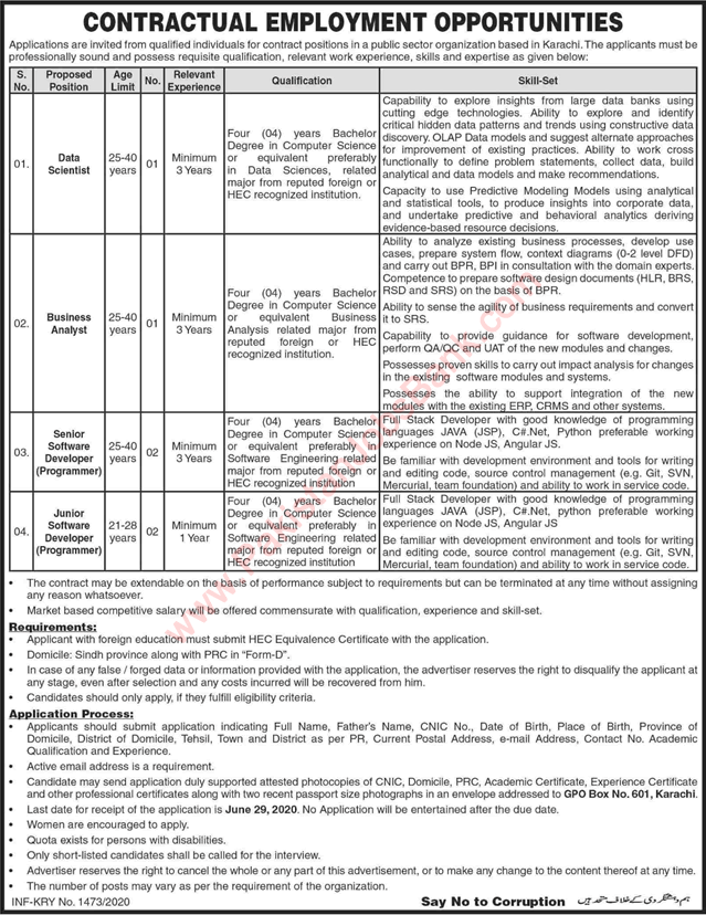 PO Box 601 Karachi Jobs 2020 June Software Developers, Business Analyst & Data Scientist Public Sector Organization Latest