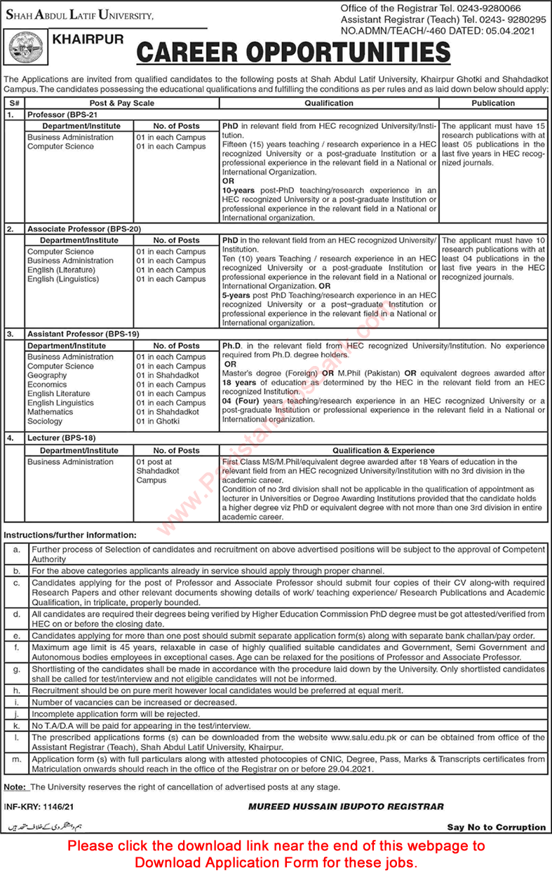 Shah Abdul Latif University Jobs April 2021 Application Form Teaching Faculty SALU Latest