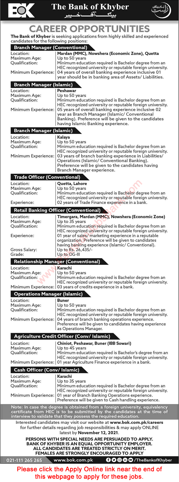 Bank of Khyber Jobs October 2021 November BOK Apply Online Latest
