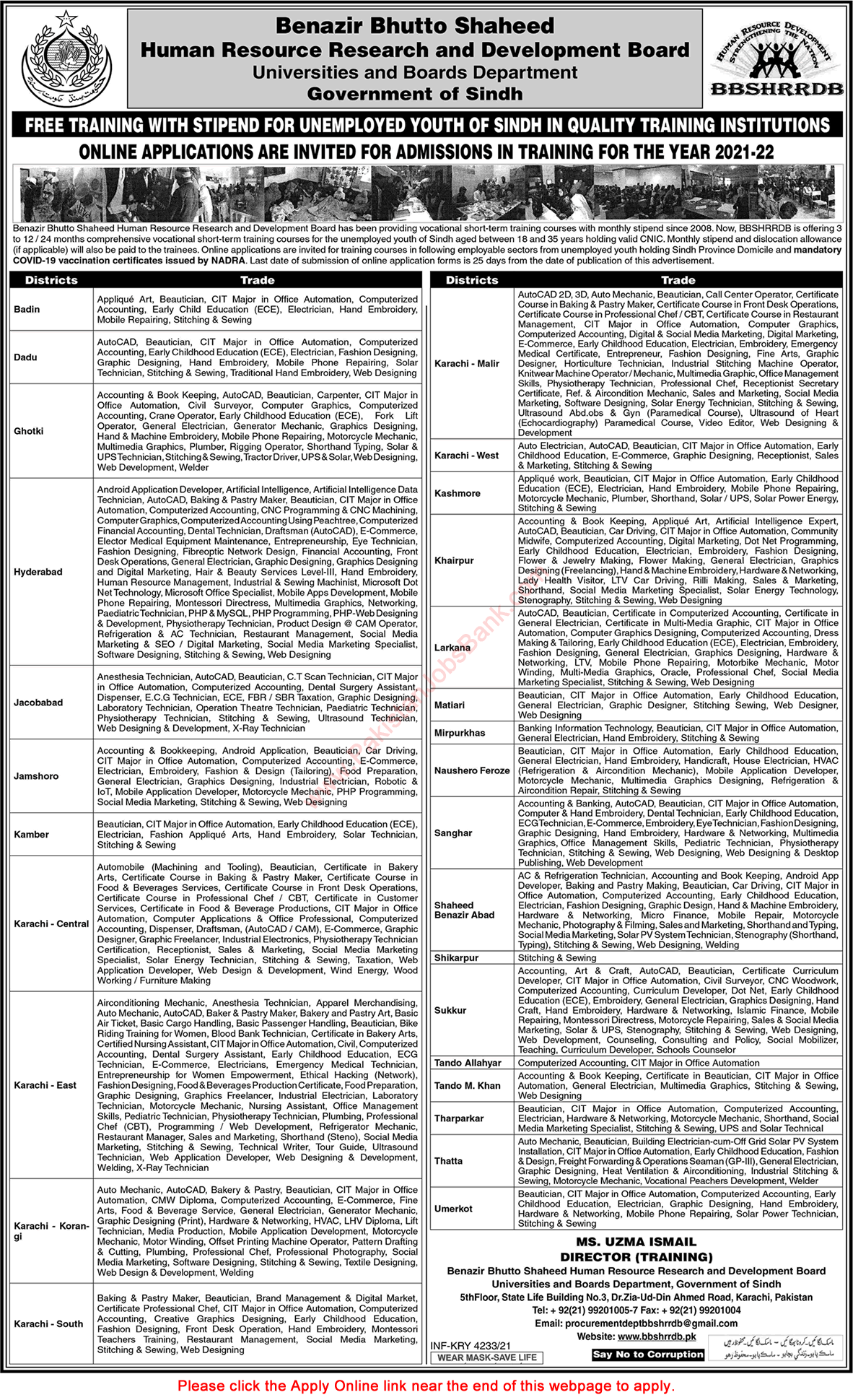 BBSYDP Free Courses November 2021 Apply Online Benazir Bhutto Shaheed Human Resource Research & Development Board Latest