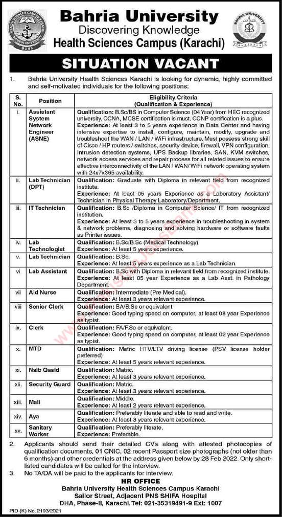 Bahria University Karachi Jobs February 2022 Lab Technician, Assistant & Others Latest