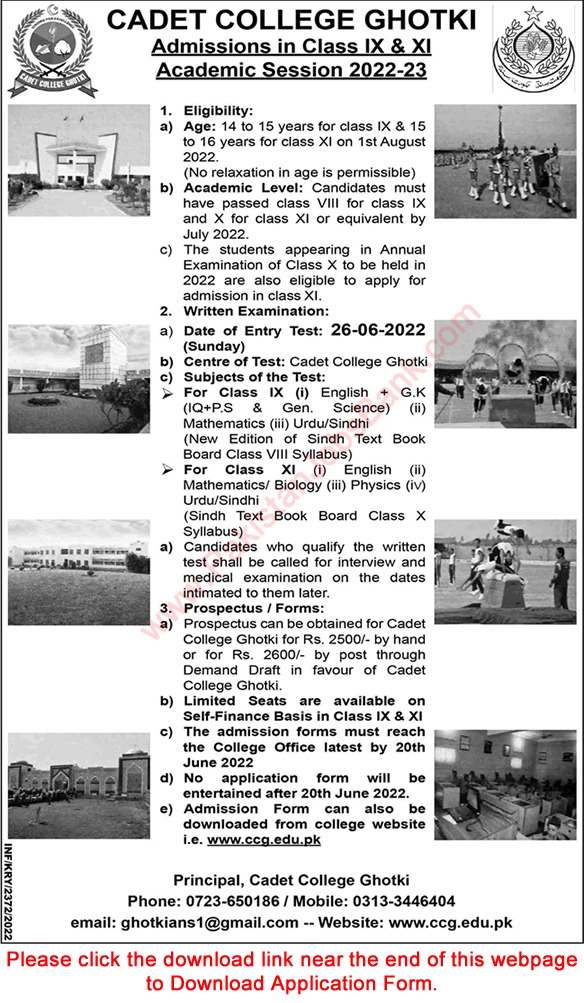 Cadet College Ghotki Admission X & IX Class 2022-23 Application Form Pre Matric Latest