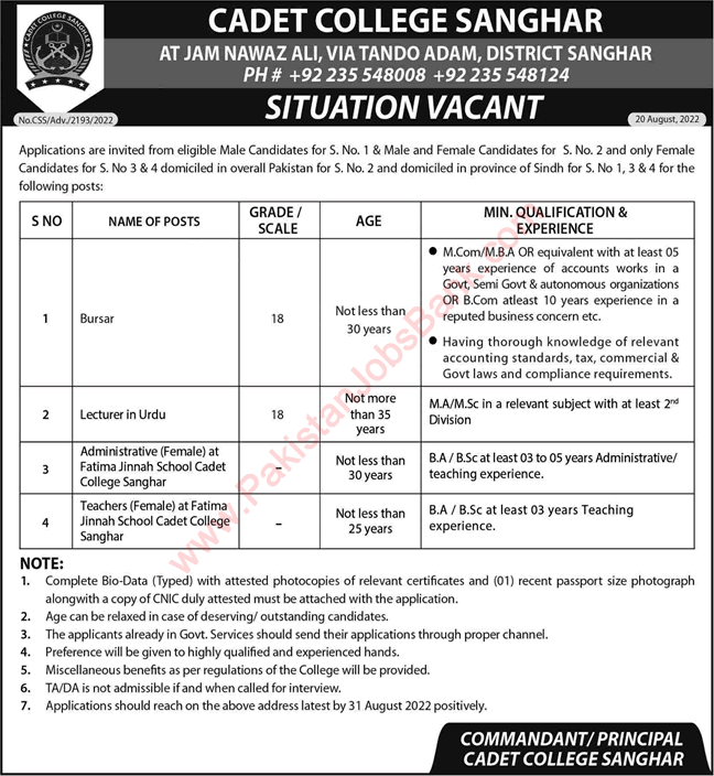 Cadet College Sanghar Jobs August 2022 Teaching Faculty & Others Latest