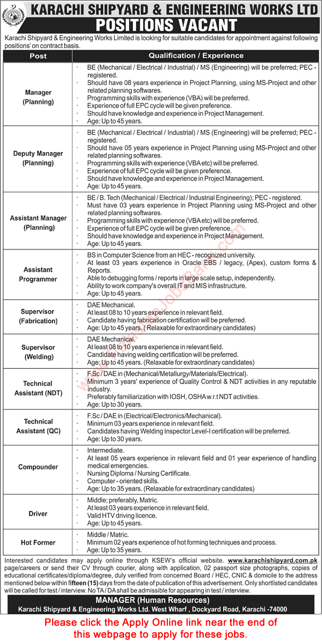 Karachi Shipyard and Engineering Works Jobs September 2022 Apply Online Deputy / Assistant Managers & Others Latest