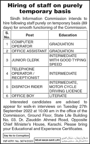 Sindh Information Commission Karachi Jobs 2022 September Computer Operator, Clerk & Others Walk in Interview Latest