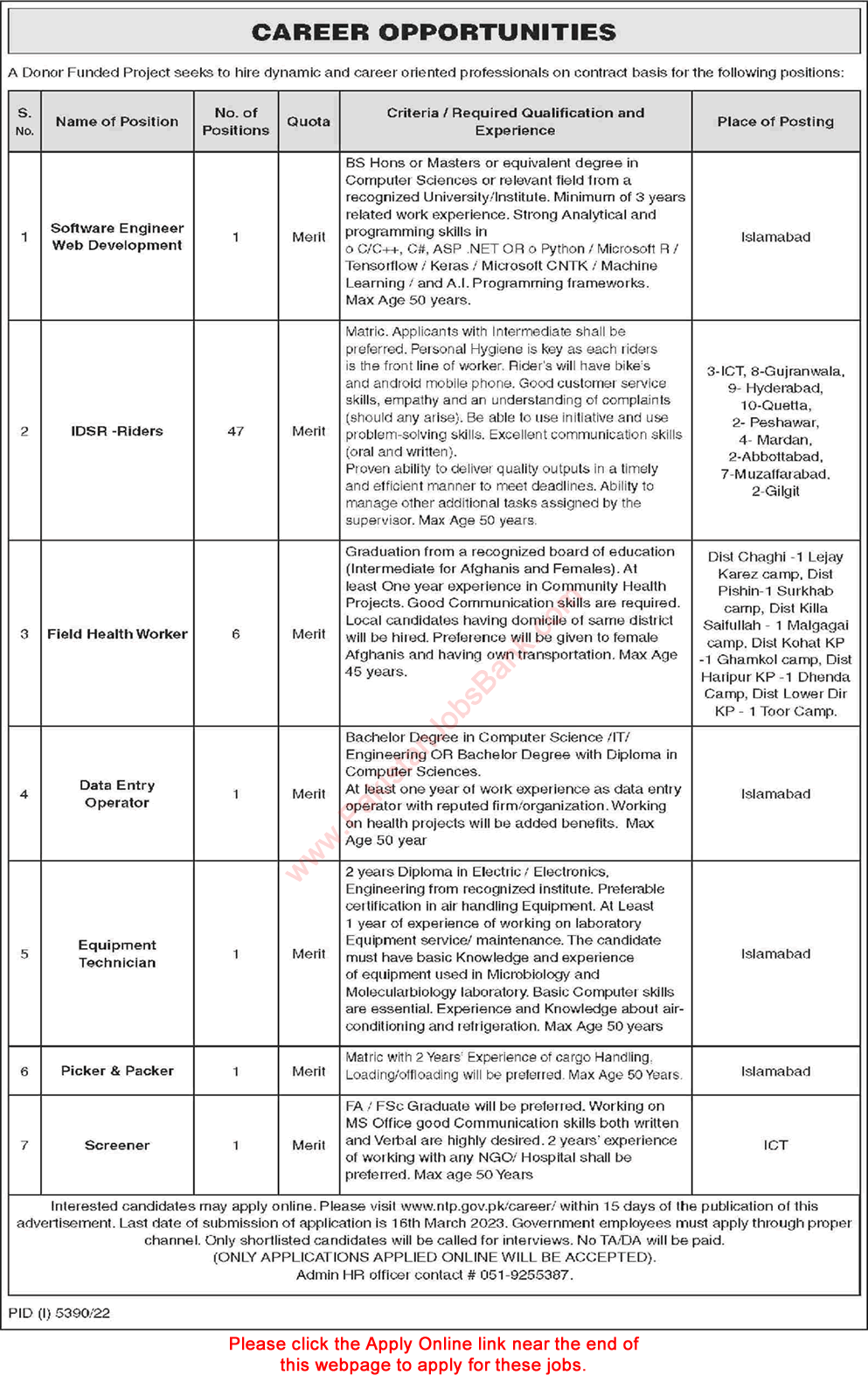 National TB Control Program Jobs March 2023 Apply Online NTP District TB Officers & Others Latest