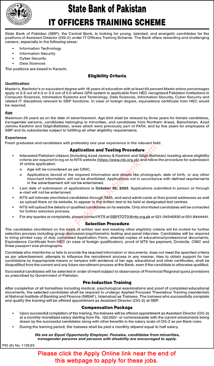 State Bank of Pakistan Jobs October 2023 NTS Apply Online IT Officers Training Scheme SBP Assistant Director OG-2 Latest