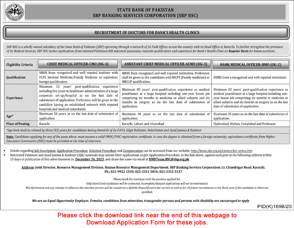 Doctor Jobs in State Bank of Pakistan December 2023 SBP Health Clinics Application Form Latest