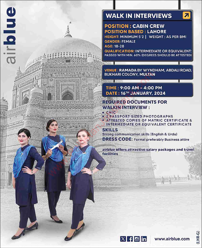 Airhostess Jobs in Air Blue 2024 January Female Cabin Crew Walk in Interviews Latest
