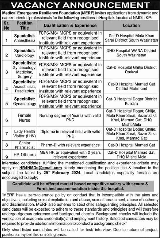 MERF KPK Jobs 2024 Nurses, Lady Health Visitors & Others Medical Emergency Resilience Foundation Latest