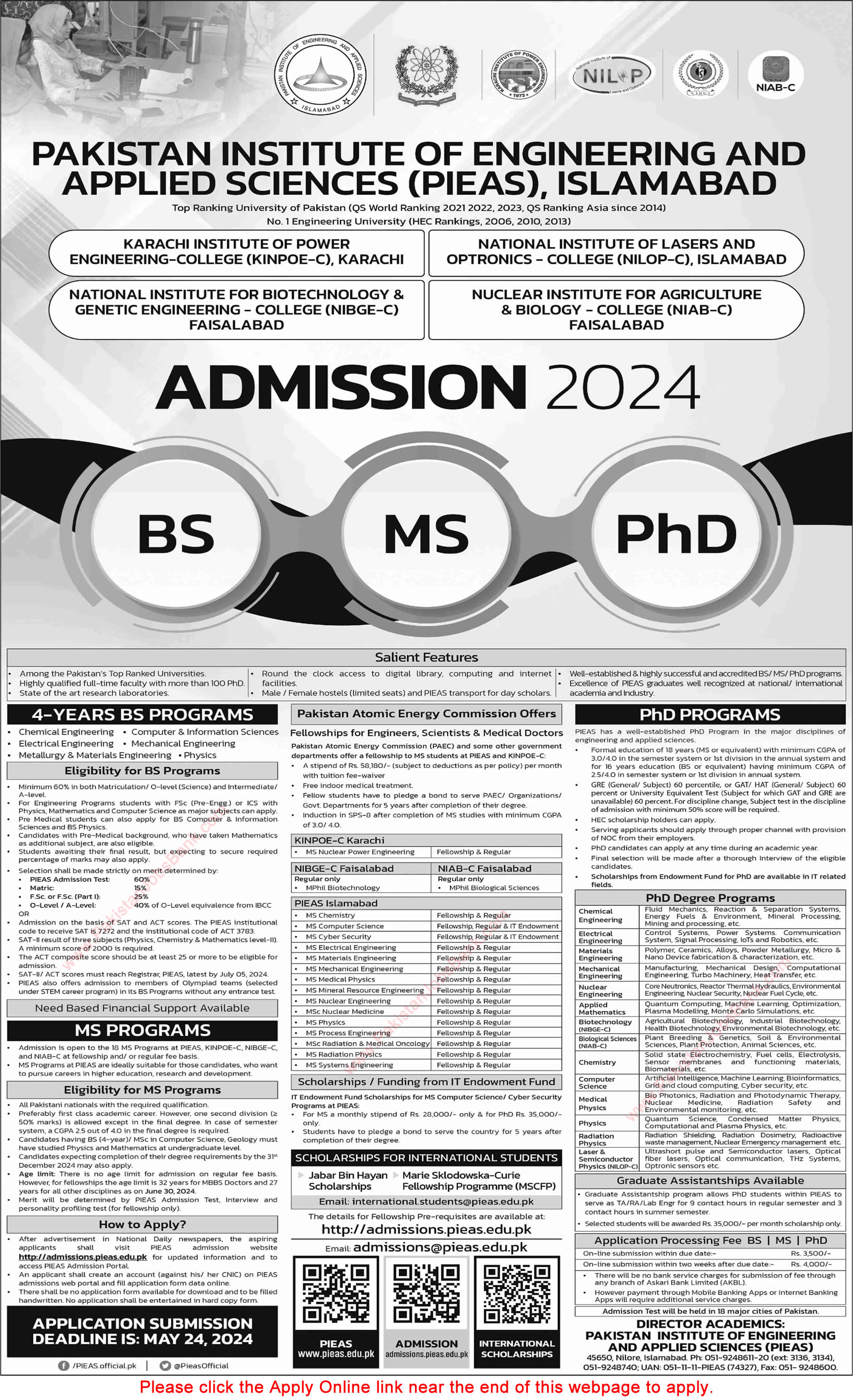 PIEAS Fellowships 2024 April MS / Postgraduate Programs for Engineers, Scientists & Doctors in PAEC KINPOE Apply Online Latest