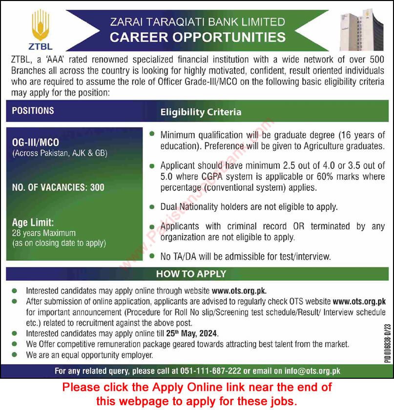ZTBL Mobile Credit Officer Jobs May 2024 OTS Apply Online OG-III / MCO Latest