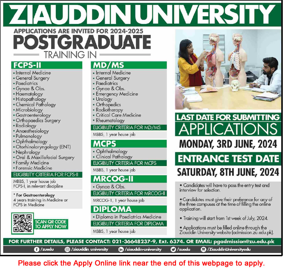 Ziauddin University Karachi Postgraduate Training 2024 May Apply Online Latest