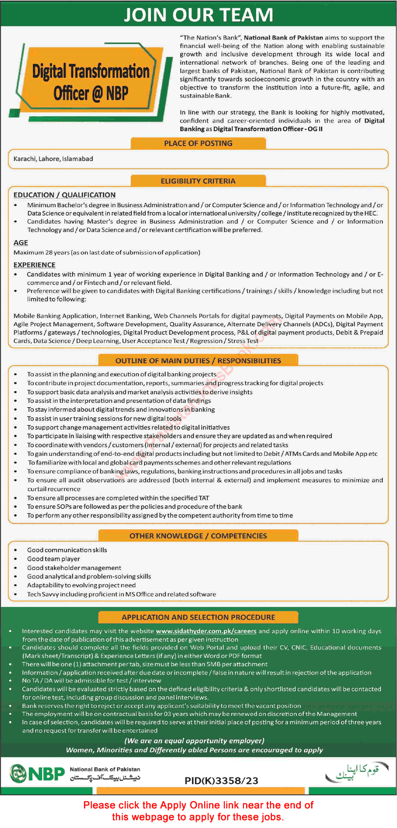 Digital Transformation Officer Jobs in National Bank of Pakistan 2024 May Apply Online NBP Latest