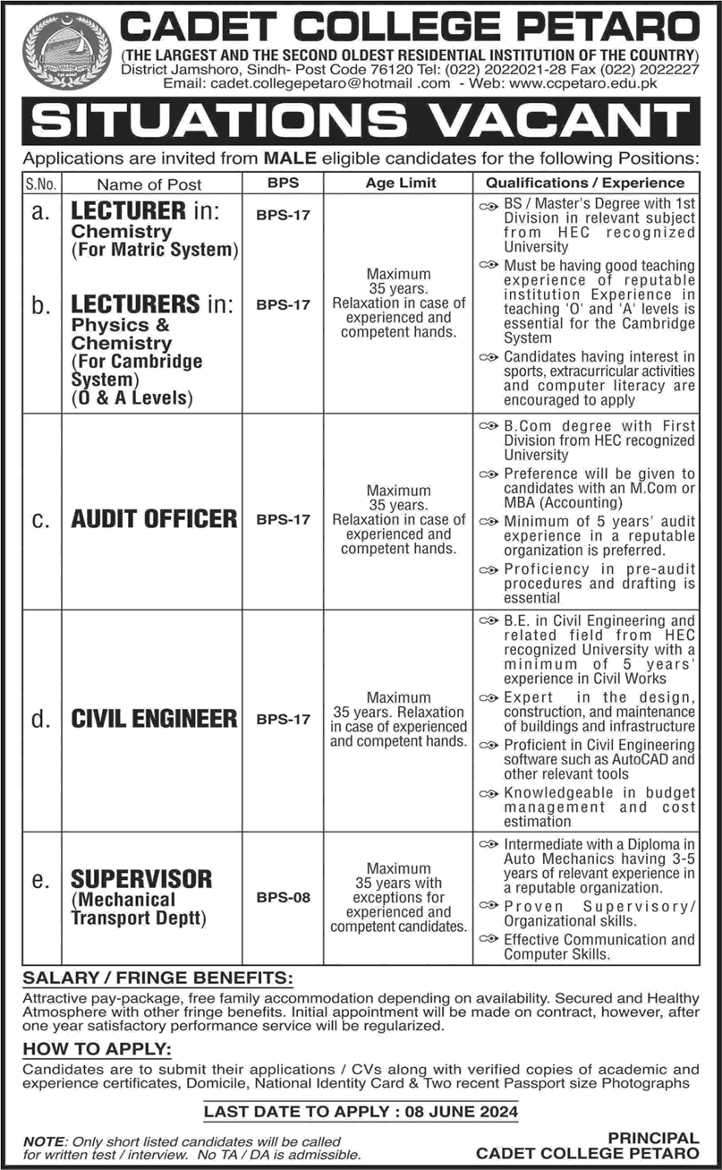 Cadet College Petaro Jobs 2024 May Lecturers, Civil Engineer & Others Latest