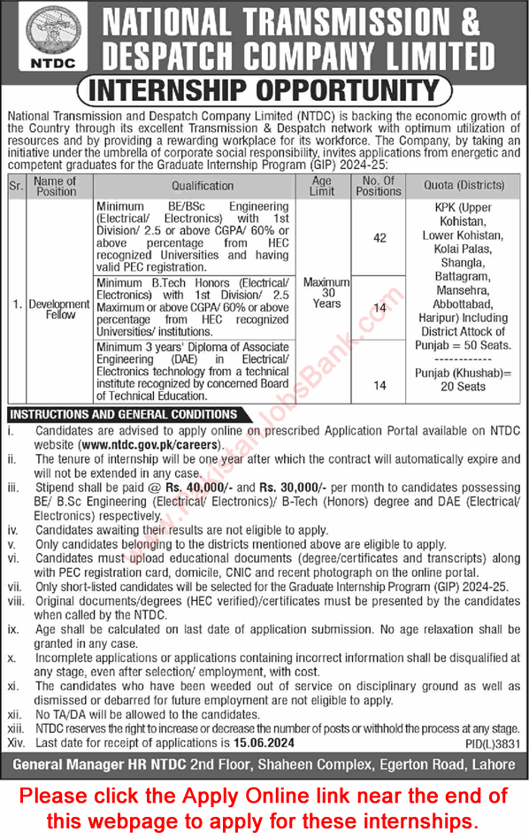 NTDC Internships June 2024 WAPDA Apply Online for Development Fellows Latest