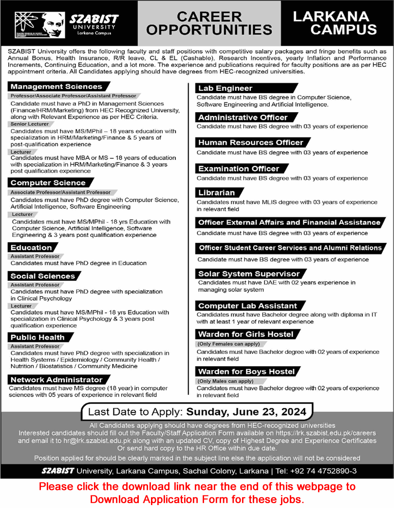 SZABIST University Larkana Campus Jobs 2024 June Application Form Teaching Faculty & Others Latest