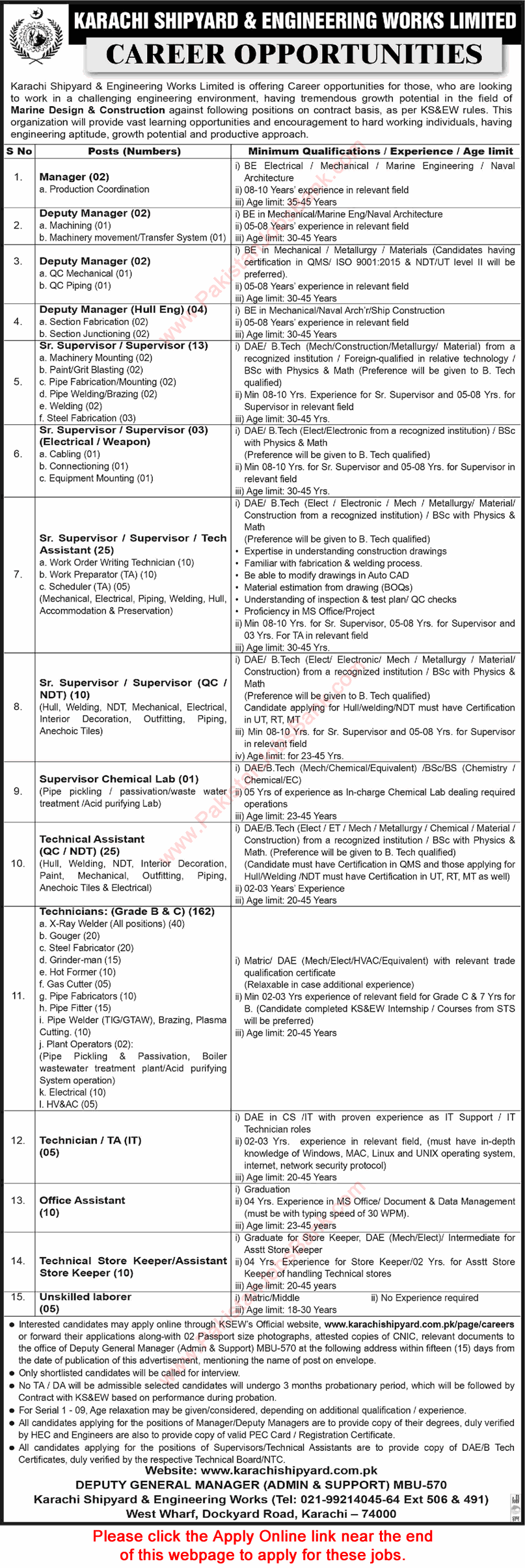 Karachi Shipyard and Engineering Works Jobs June 2024 KSEW Apply Online Technicians, Supervisors & Others Latest