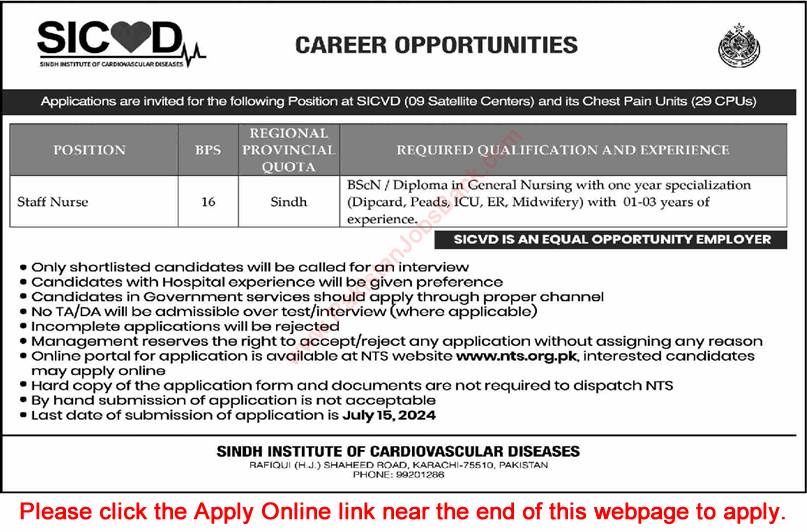 Staff Nurse Jobs in Sindh Institute of Cardiovascular Diseases June 2024 July NTS Apply Online SICVD Latest
