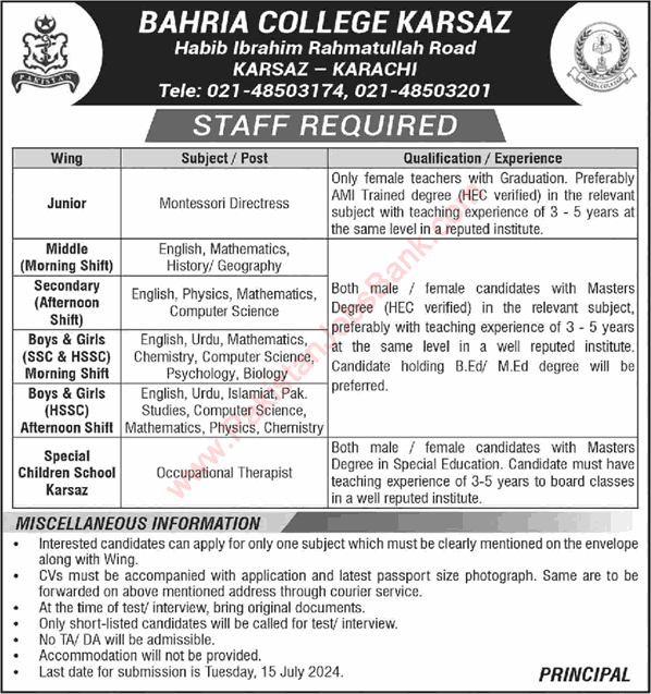 Bahria College Karsaz Karachi Jobs June 2024 July Teaching Faculty Latest