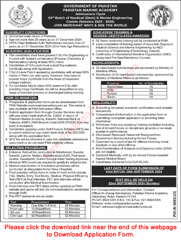 Pakistan Marine Academy Karachi Admission 2025 / 2026 Application Form PMA Join as Nautical / Marine Cadet Latest