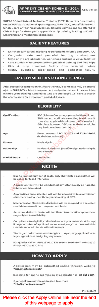 SUPARCO Apprenticeship 2024 July Training Scheme SITT Apply Online DAE Jobs Latest