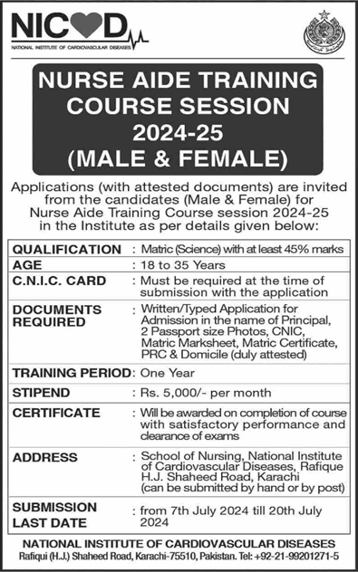 NICVD Karachi Free Nurse Aid Training Course 2024 July National Institute of Cardiovascular Diseases Latest