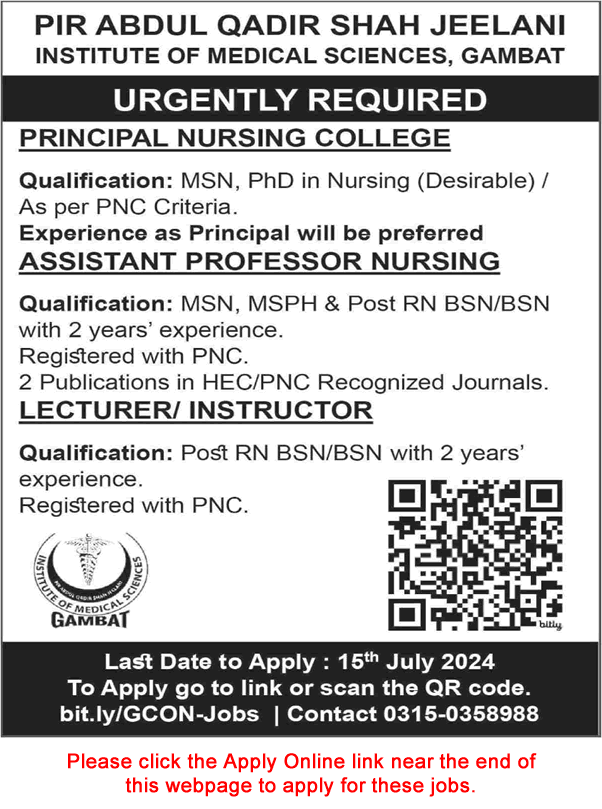 Pir Abdul Qadir Shah Jeelani Institute of Medical Sciences Gambat Jobs July 2024 Teaching Faculty Apply Online Latest