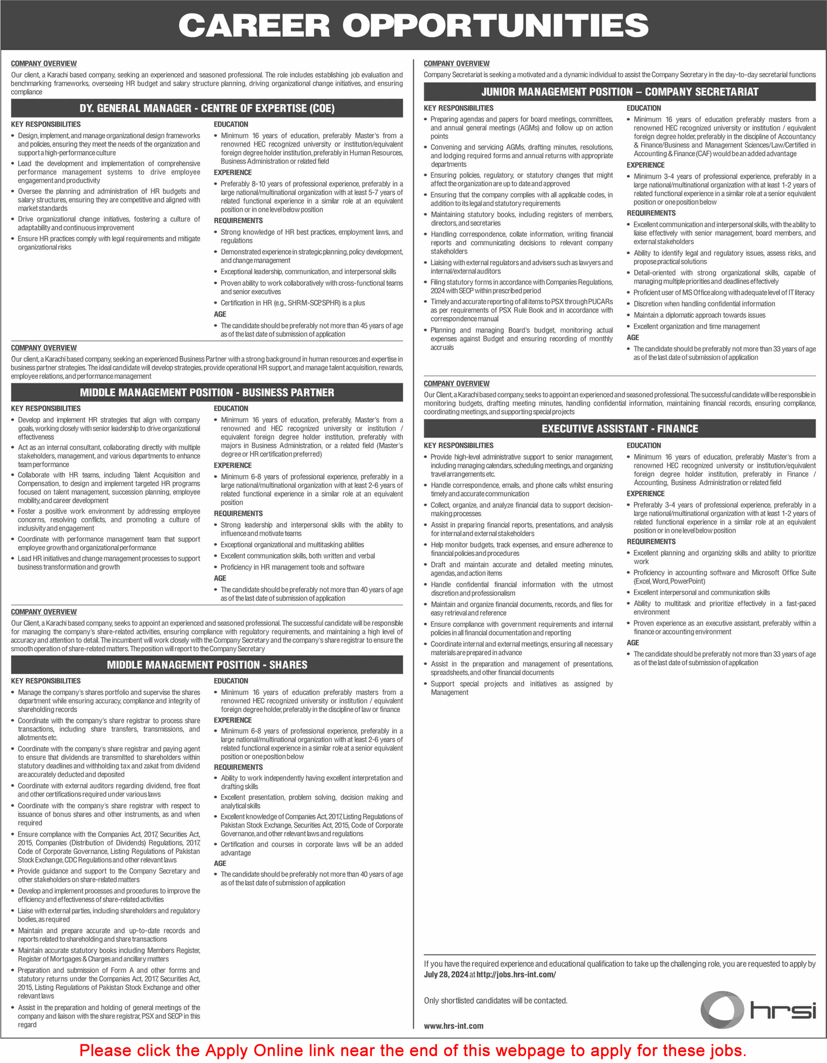 HRSI Pakistan Jobs July 2024 Apply Online Executive Assistant & Others Latest