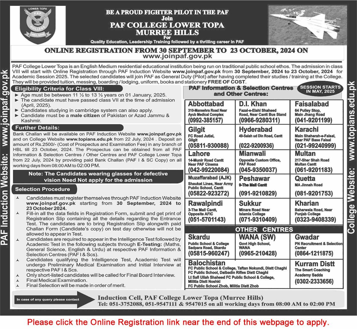 PAF College Lower Topa Murree Admission 8th Class 2024 Join to be a GD Pilot Online Registration Latest