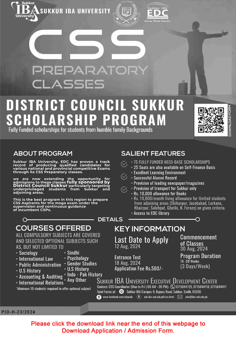 District Council Sukkur Scholarship Program 2024 July CSS Preparatory Classes Application Form IBA University Latest